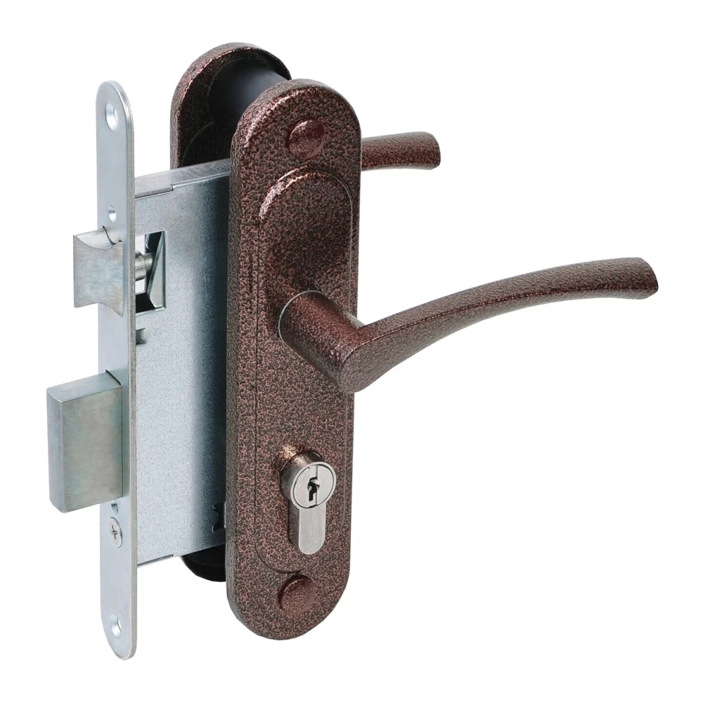 Фото Замок врезной цилиндровый с защёлкой в комплекте с ручкой ЗВ4-3/07 (медь антик), 4 кл.